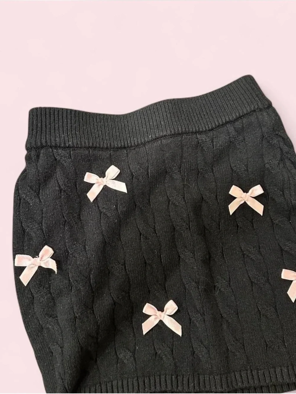 Urban Outfitters Black Cable-Knit Sweater & Skirt Set with Cream Bows
